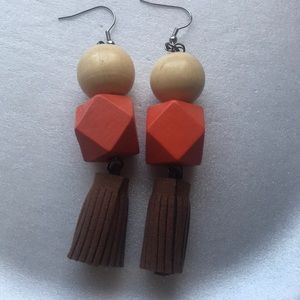 Orange Brown Wood Tassel Earrings